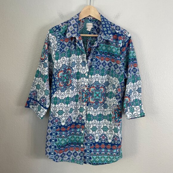 Chicos 2 Womens Large Multicolor Button Up Shirt 3/4 Sleeve Pocket Blouse Top - Picture 8 of 12